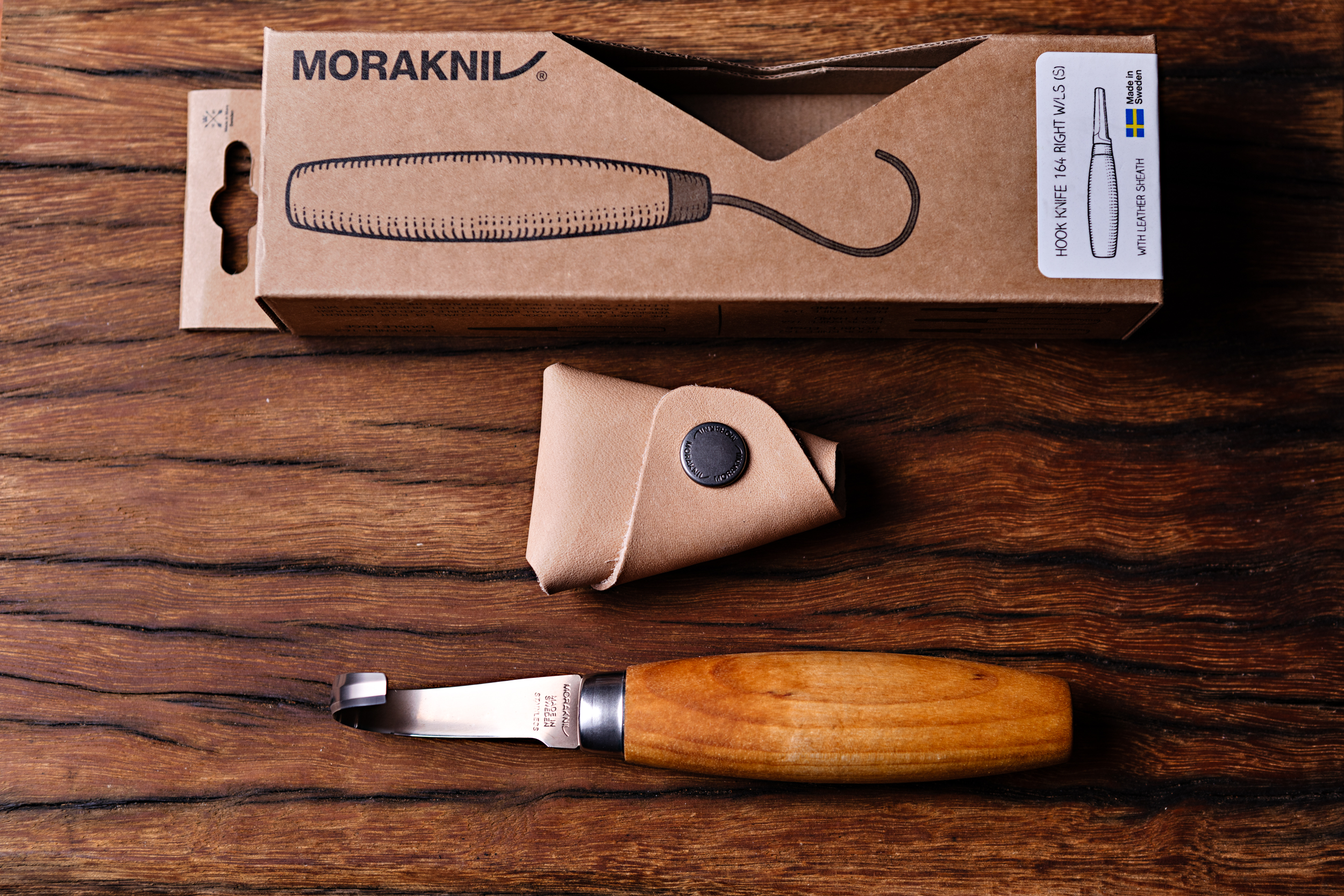 Morakniv 164 right hand hook carving knife with leather sheath