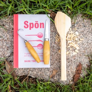Spoon carving starter kits including knives, book and spoon blank. Use the straight Morakniv 120 and the hook knife 164 to carve spoons, cups, kuksas, bowls and more