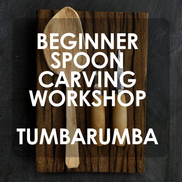 workshop tile for tumbarumba spoon carving workshop. picture of a wooden spoon, a hook knife and a straight knife