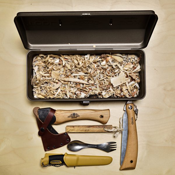 The Ultimate Bushcraft & Camp Kit inlcuding axe, knife, saw, tool box, spork, fire starting kit