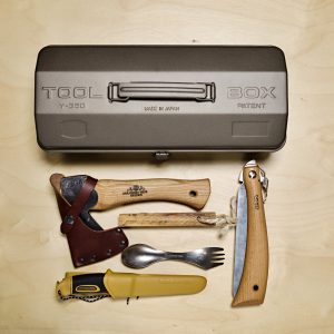The Ultimate Bushcraft & Camp Kit inlcuding axe, knife, saw, tool box, spork, fire starting kit