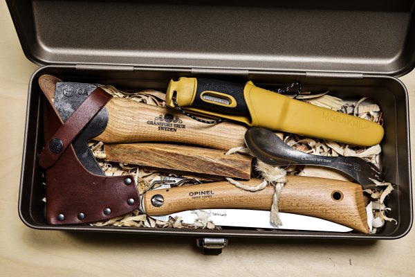 The Ultimate Bushcraft & Camp Kit inlcuding axe, knife, saw, tool box, spork, fire starting kit