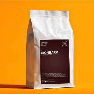 a bag of chiltern coffee beans with an orange background