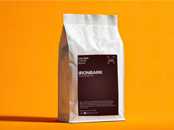 a bag of chiltern coffee beans with an orange background