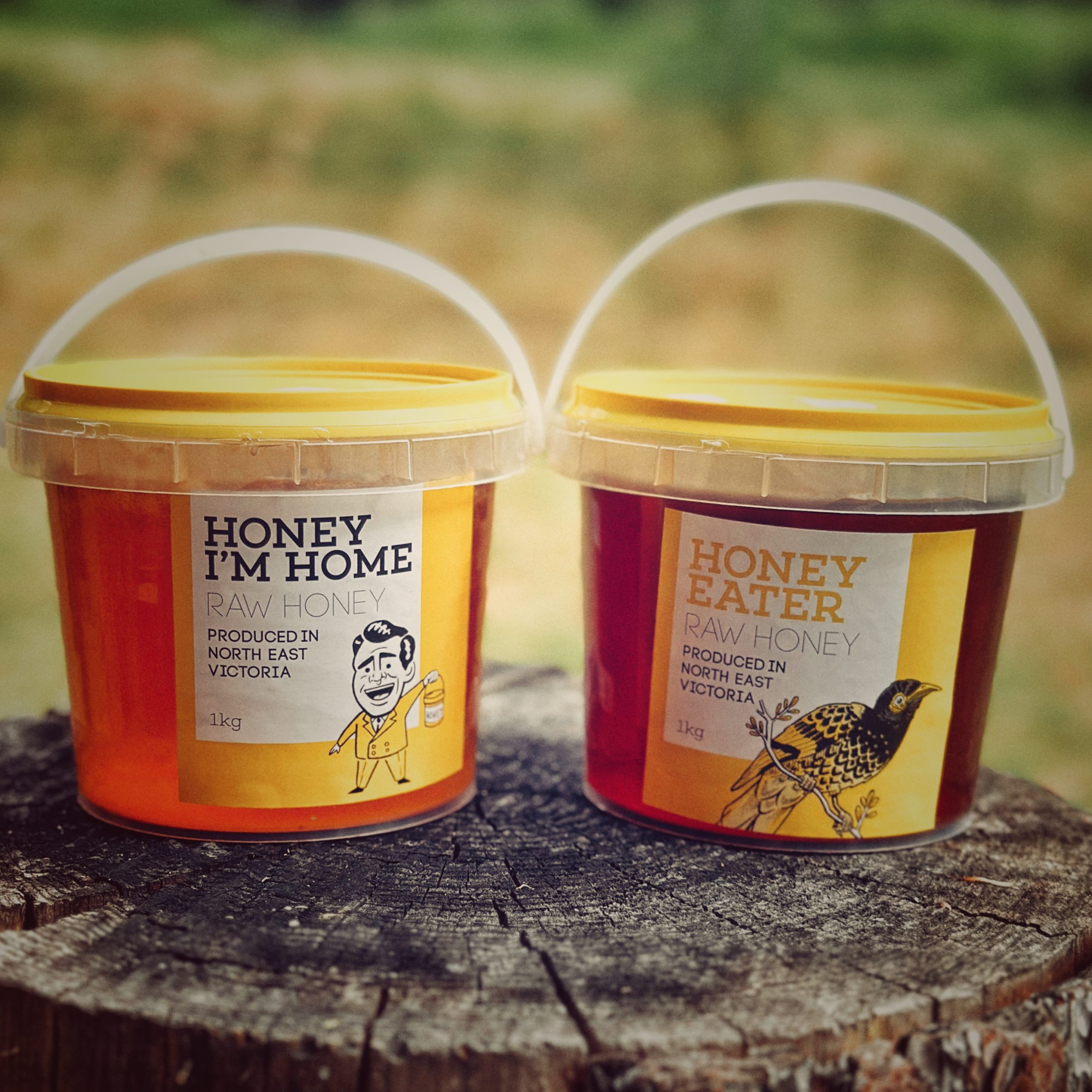 a 1 kg tub of pure honey sits on top of a log