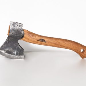 Hand-forged Gränsfors Small Carving Axe with its vegetable-tanned leather sheath, ideal for sloyd and spoon carving.