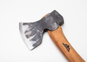 Gränsfors Bruk Medium Carving Axe with a vegetable-tanned leather sheath, designed for power and precision in wood carving and sloyd.